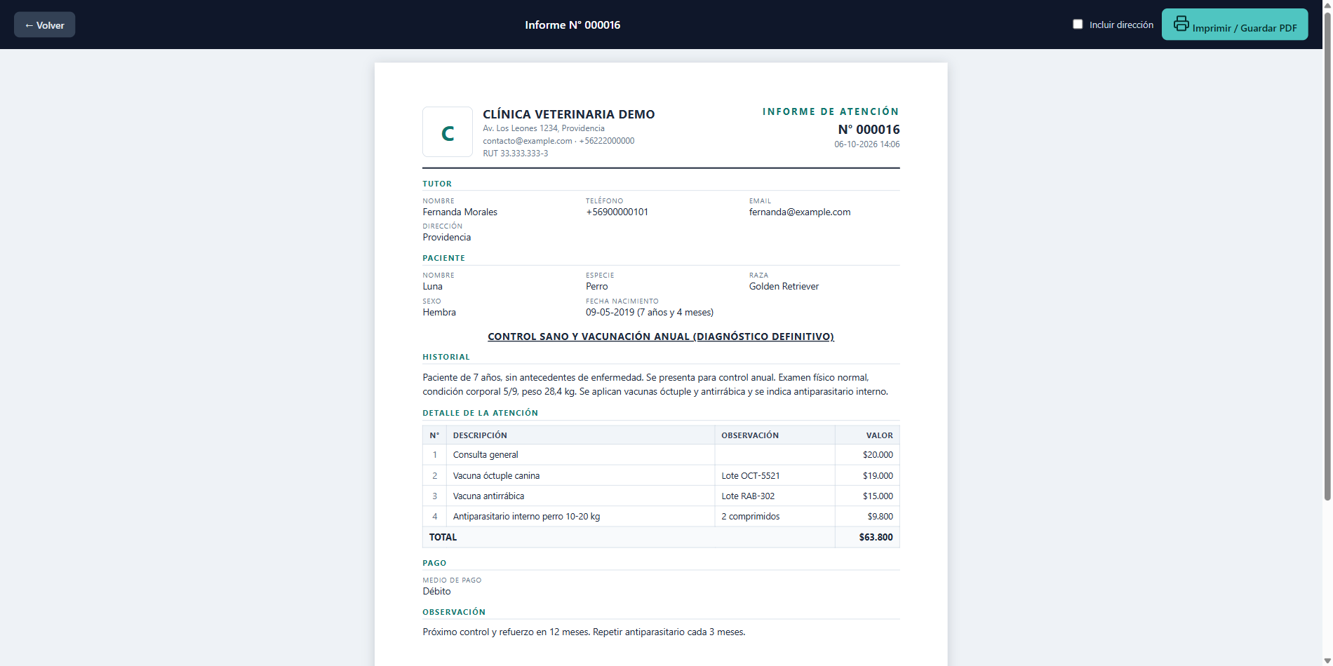 Informe de atención imprimible con membrete, folio y detalle de cobros